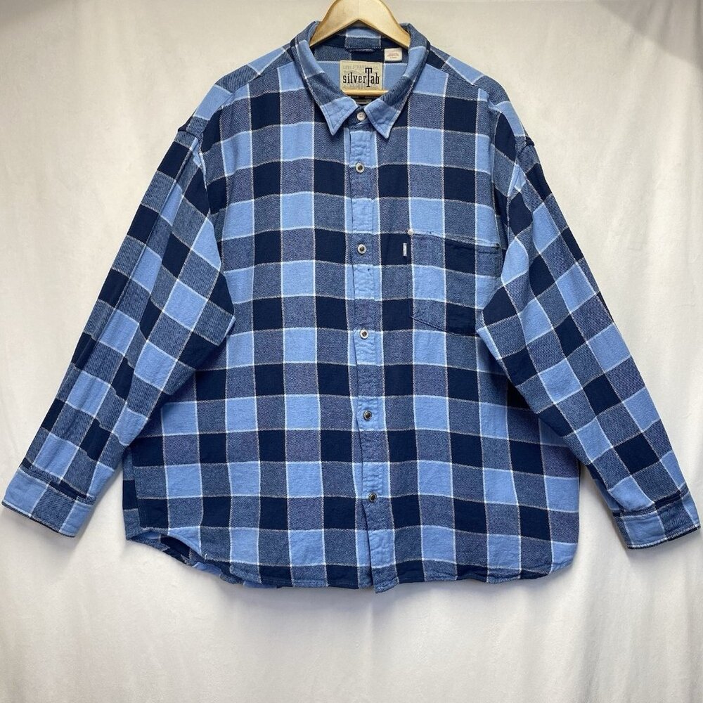 Levi's Silver Tab Oversized Plaid Flannel Metal Button-Up Shirt Men Size XL Blue